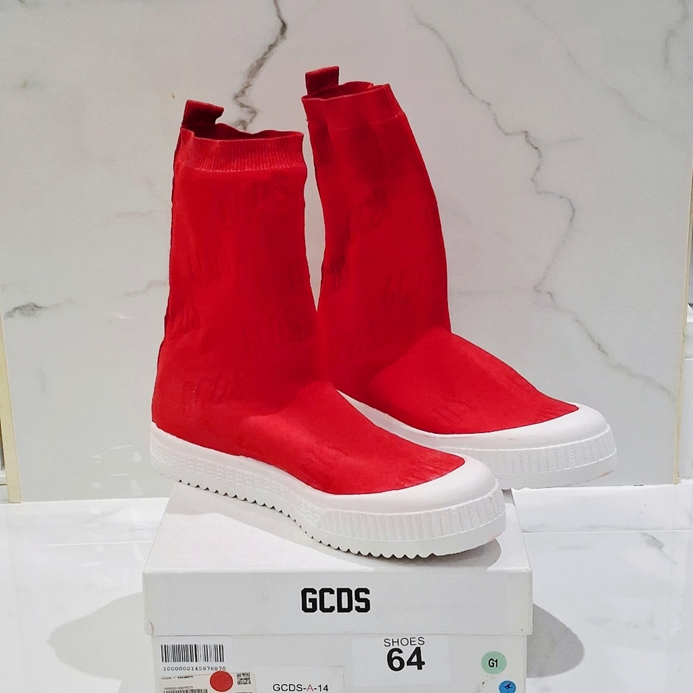 GCDS red sock boot sneaker Eur 41 logo embossed knit fabric white platform sole